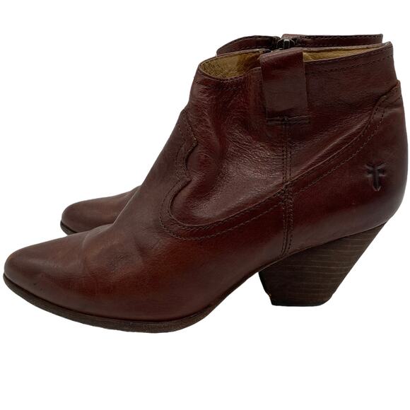 Frye Reina Cognac Leather Western Ankle Booties Brown Heel Scuffing Size 6.5M - Picture 5 of 12
